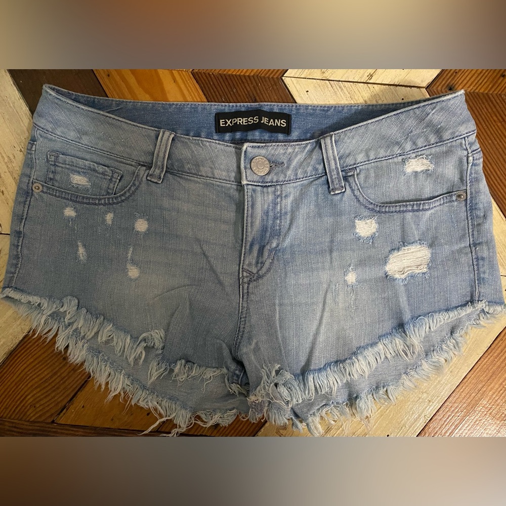 Express Light Wash Distressed Shortie Jean Shorts